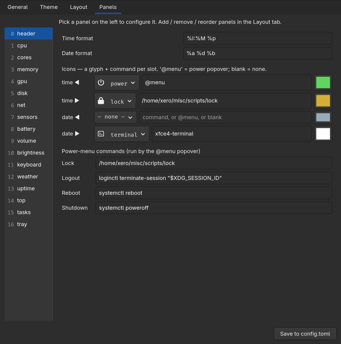 xerotop Panels preferences: a master list of panels on the left, the selected panel's options (here the header's clock formats, icon slots and power-menu commands) on the right.